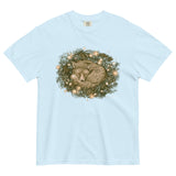 Fox asleep in a Christmas wreath design on a Chambray garment-dyed cotton t-shirt