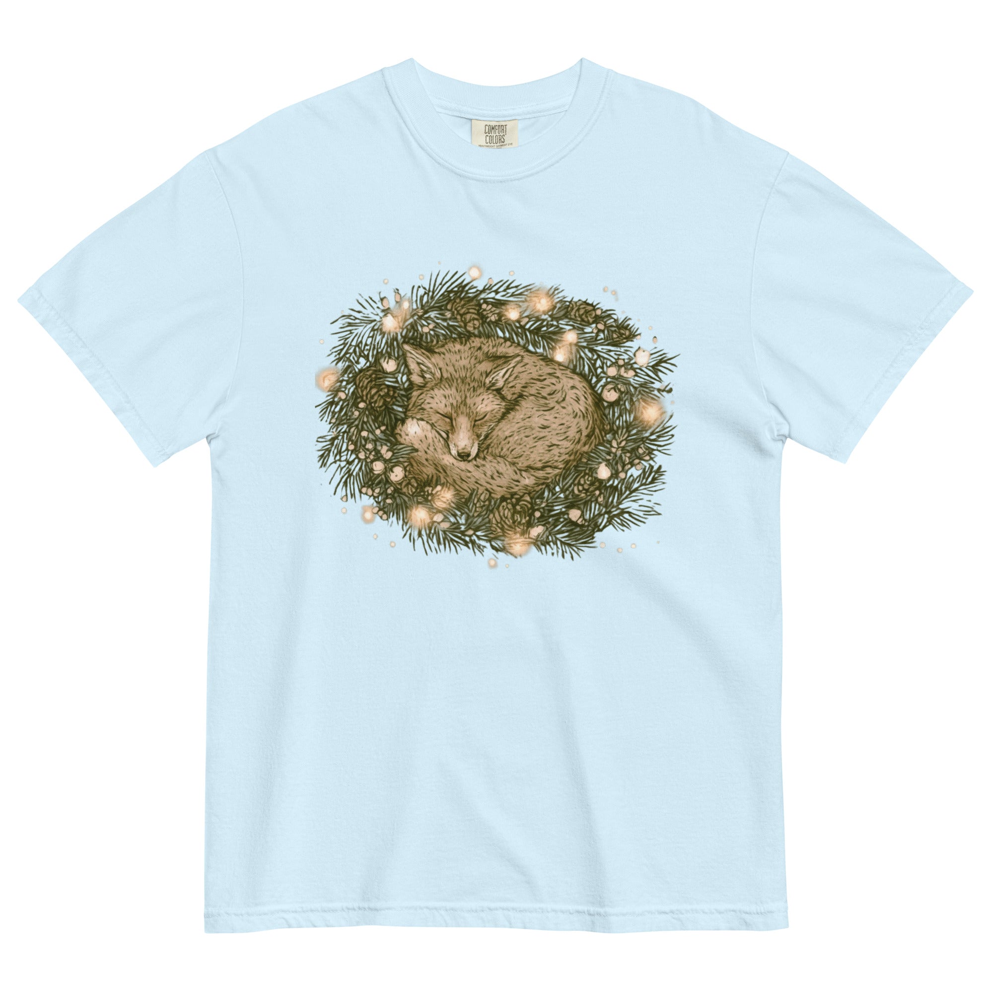 Fox asleep in a Christmas wreath design on a Chambray garment-dyed cotton t-shirt