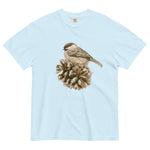 Sparrow on a pine cone design on a Chambray garment-dyed cotton t-shirt