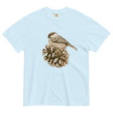 Sparrow on a pine cone design on a Chambray garment-dyed cotton t-shirt