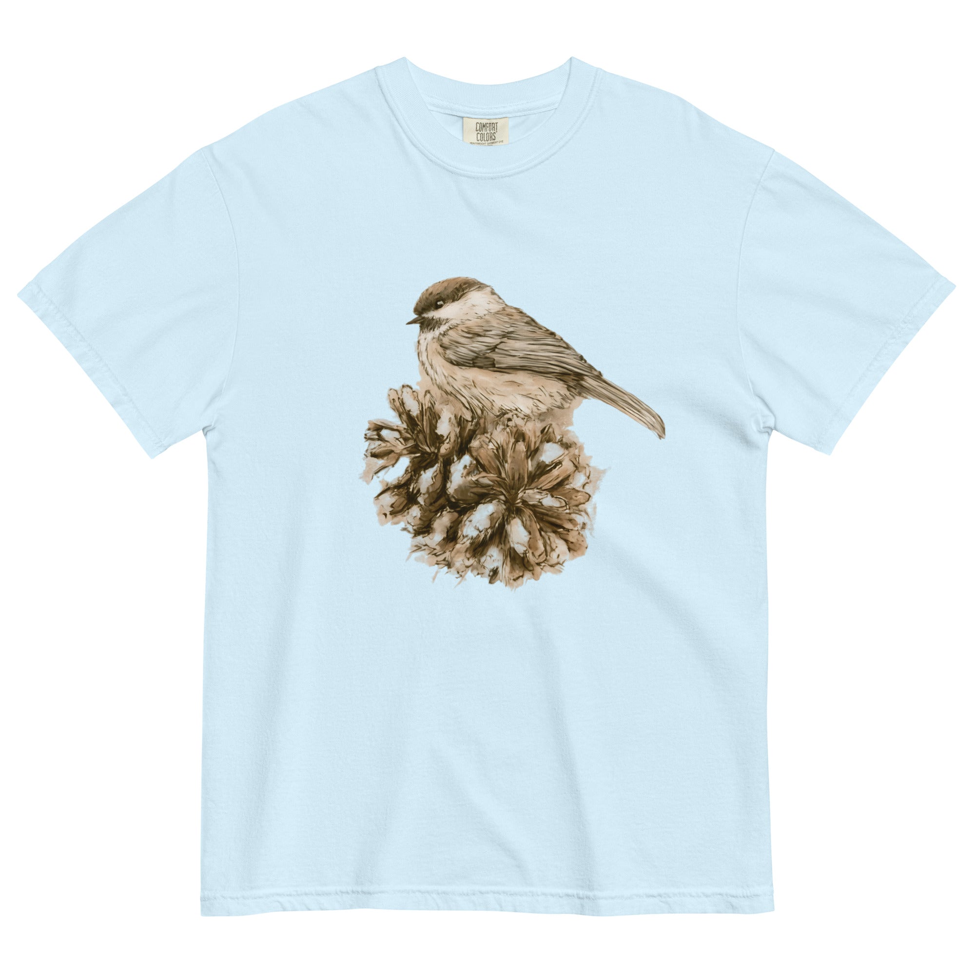 Sparrow on a pine cone design on a Chambray garment-dyed cotton t-shirt