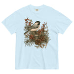 Chickadee and winter berries design on a Chambray garment-dyed cotton t-shirt