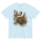 Chickadee and winter berries design on a Chambray garment-dyed cotton t-shirt