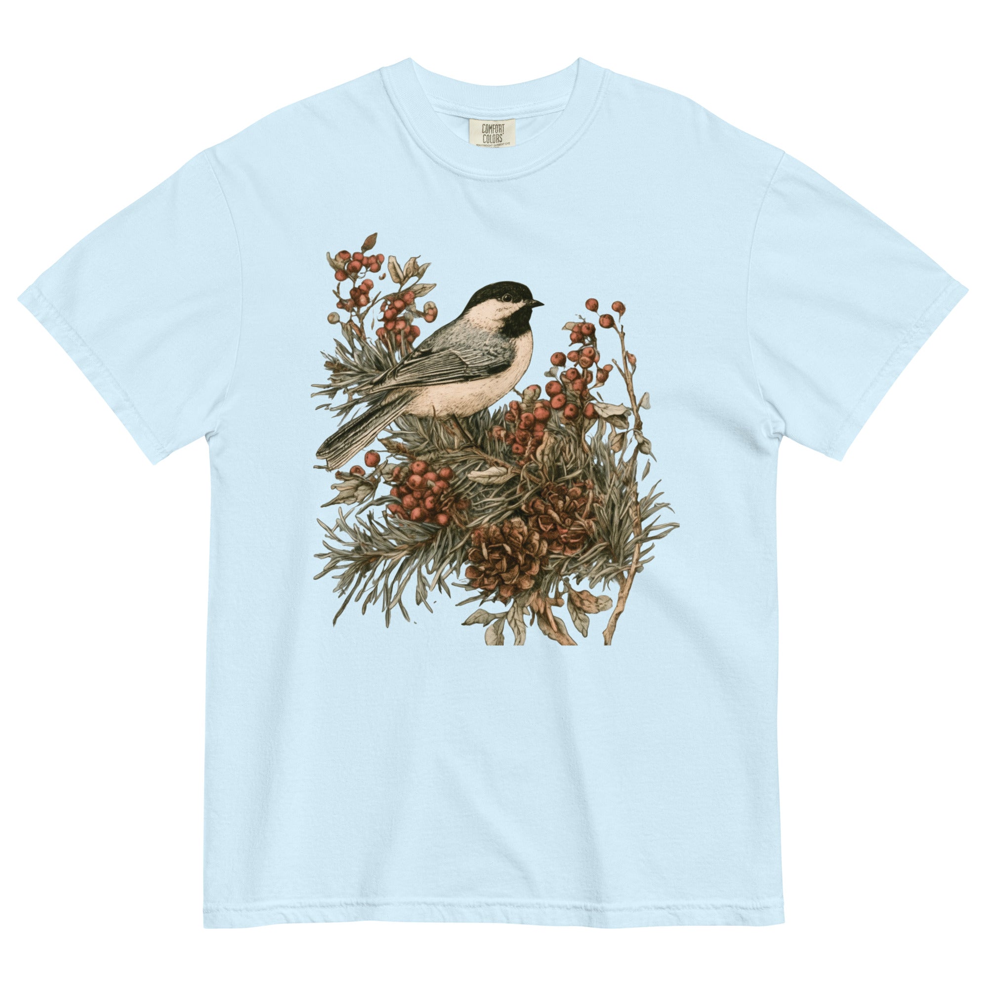 Chickadee and winter berries design on a Chambray garment-dyed cotton t-shirt