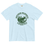 Moose wilderness badge design on a Chambray garment-dyed cotton t-shirt