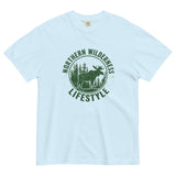 Moose wilderness badge design on a Chambray garment-dyed cotton t-shirt