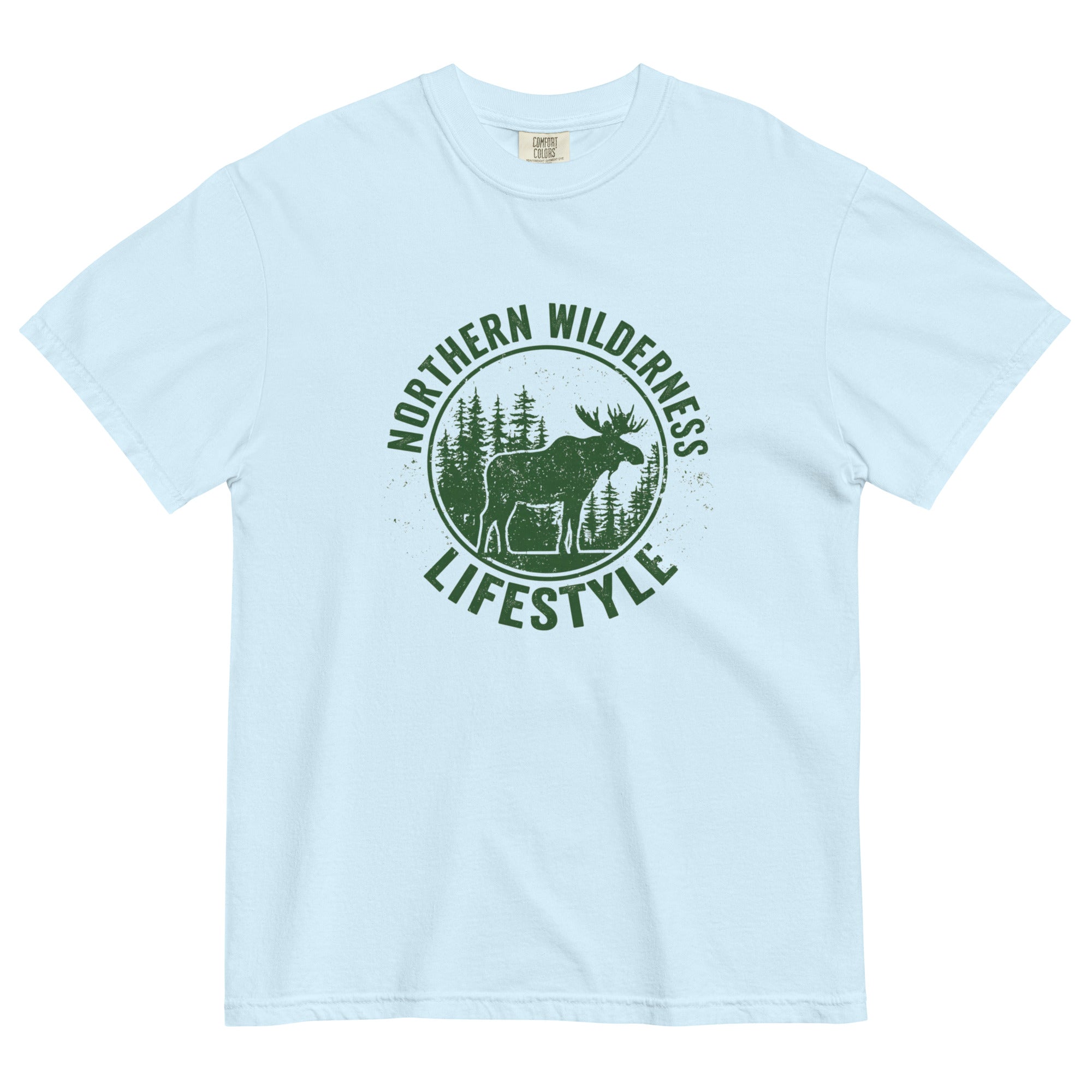 Moose wilderness badge design on a Chambray garment-dyed cotton t-shirt
