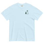 Snowman and pine tree design on a Chambray garment-dyed cotton t-shirt
