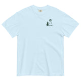 Snowman and pine tree design on a Chambray garment-dyed cotton t-shirt