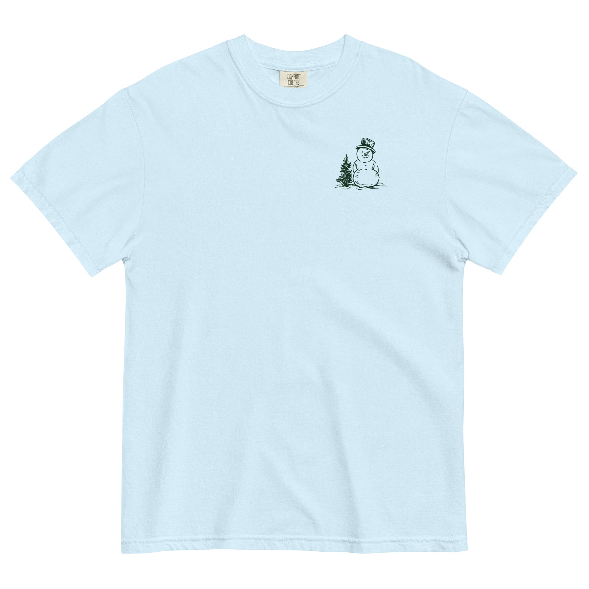 Snowman and pine tree design on a Chambray garment-dyed cotton t-shirt
