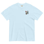 Elf and pine tree design on a Chambray garment-dyed cotton t-shirt