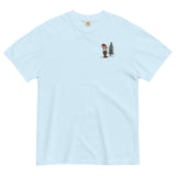 Elf and pine tree design on a Chambray garment-dyed cotton t-shirt