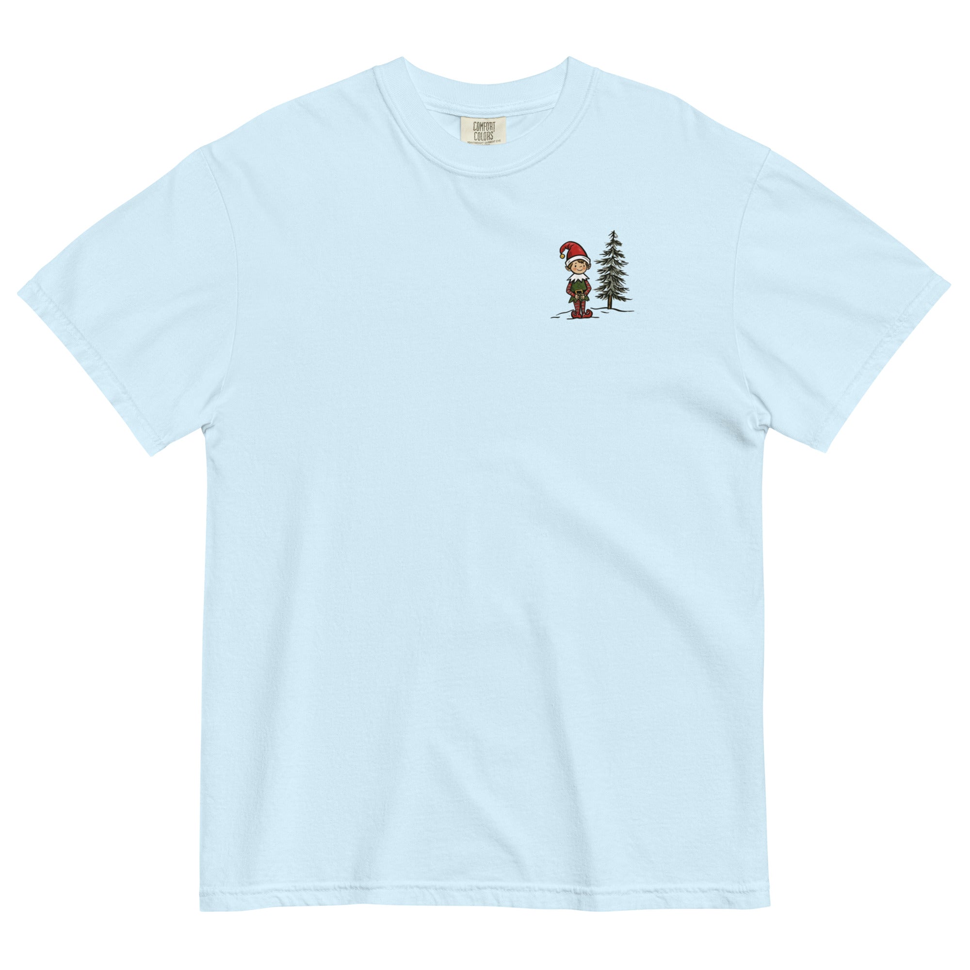 Elf and pine tree design on a Chambray garment-dyed cotton t-shirt