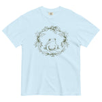 Frog in a holly wreath design on a Chambray garment-dyed cotton t-shirt