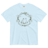 Frog in a holly wreath design on a Chambray garment-dyed cotton t-shirt