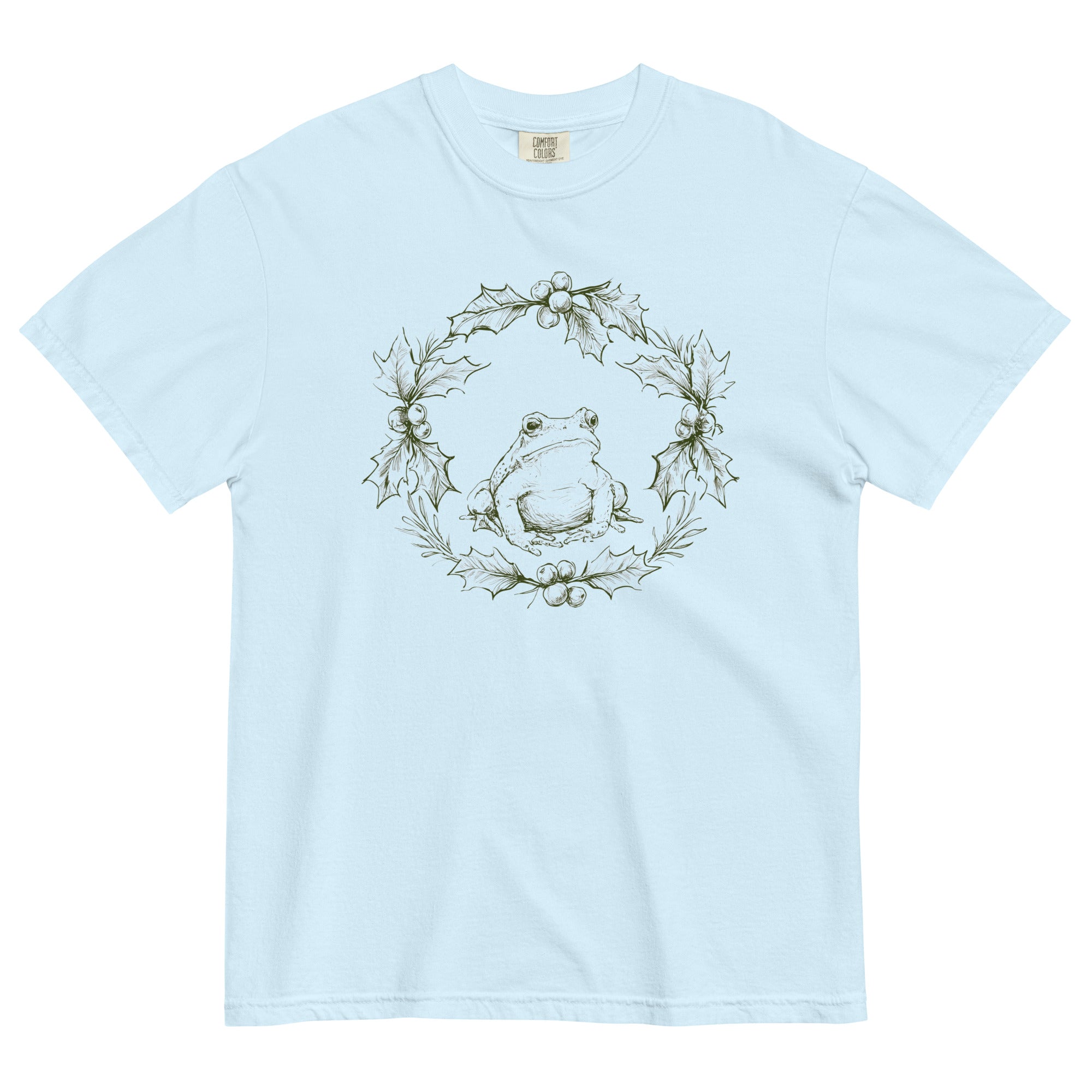 Frog in a holly wreath design on a Chambray garment-dyed cotton t-shirt