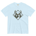 Stag and pines diamond emblem design on a Chambray garment-dyed cotton t-shirt