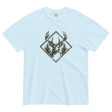 Stag and pines diamond emblem design on a Chambray garment-dyed cotton t-shirt