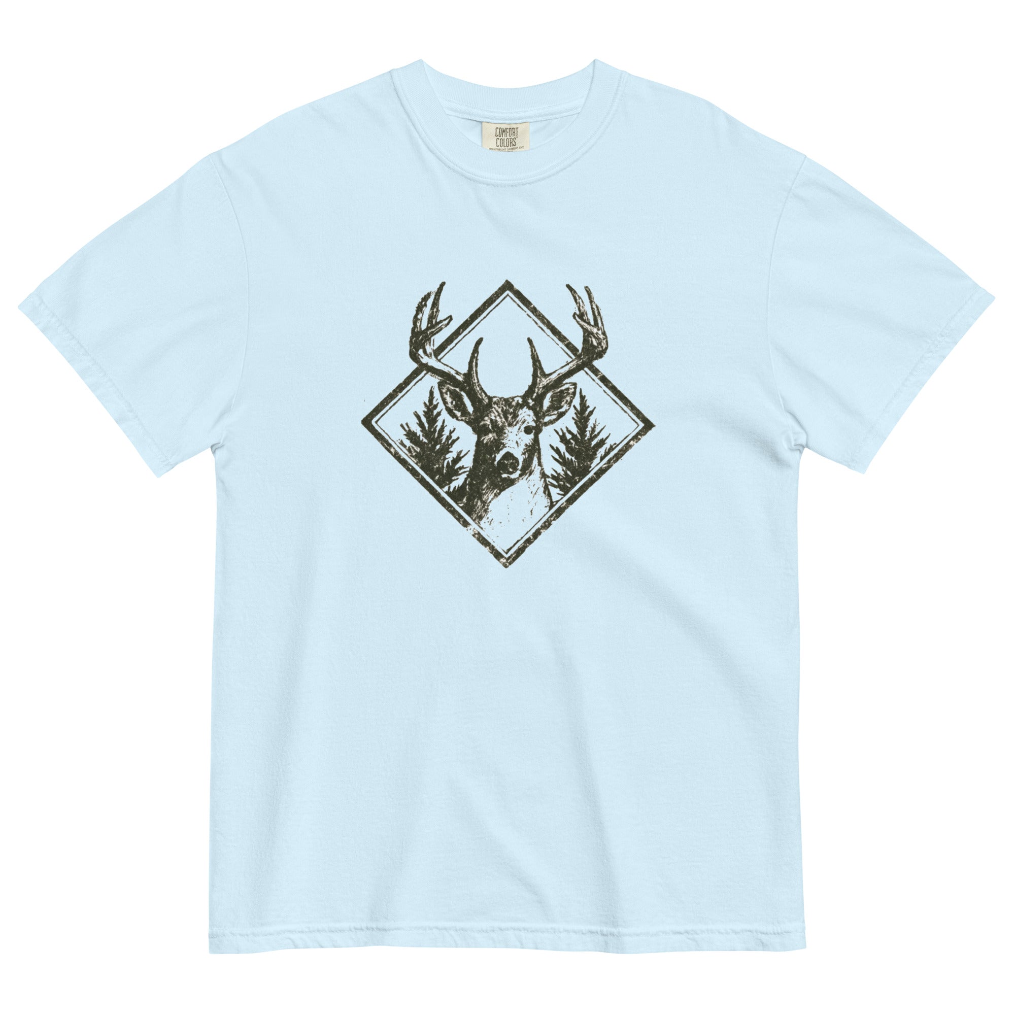 Stag and pines diamond emblem design on a Chambray garment-dyed cotton t-shirt
