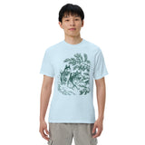 Huskies running in the snow design on a Chambray garment-dyed cotton t-shirt