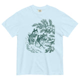 Huskies running in the snow design on a Chambray garment-dyed cotton t-shirt