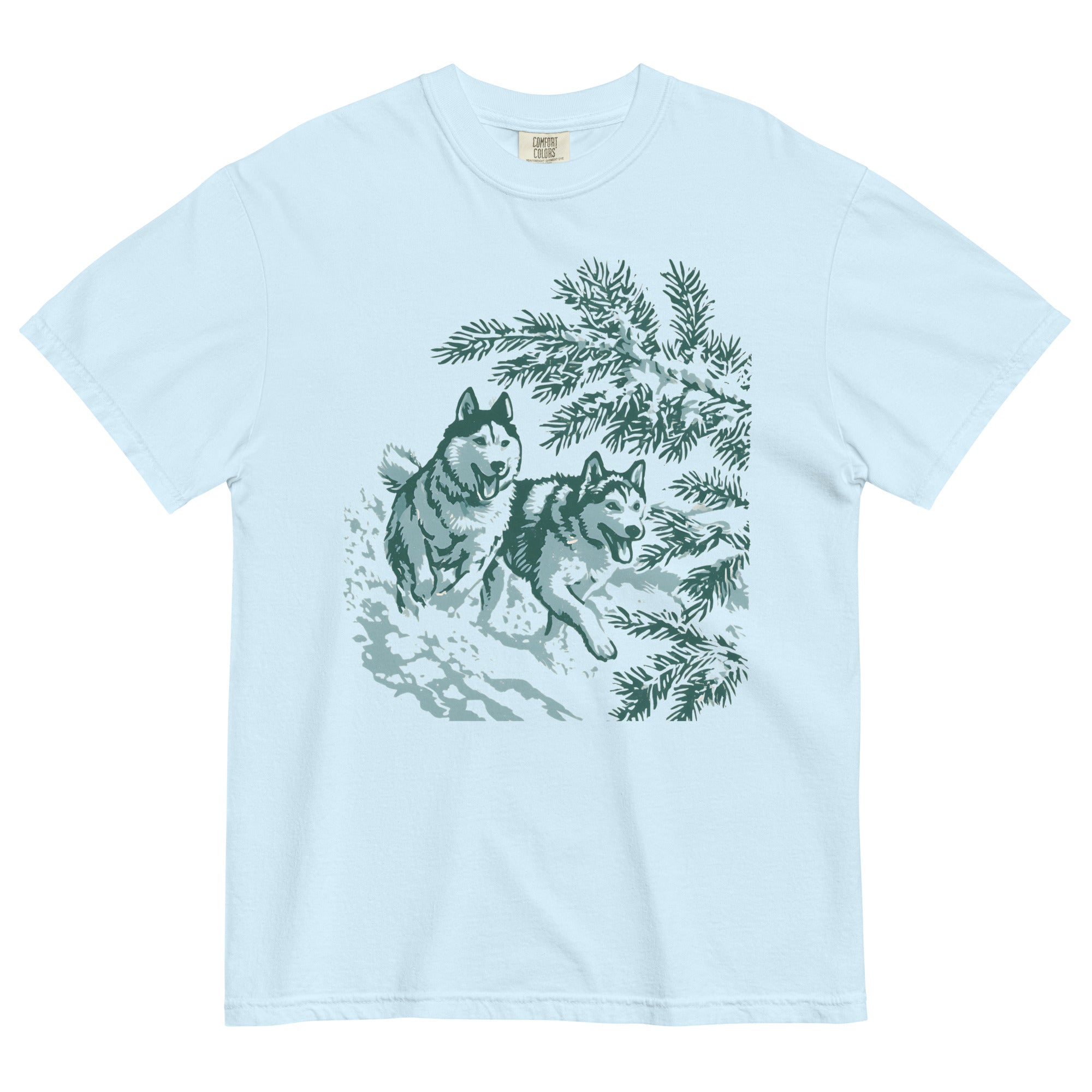 Huskies running in the snow design on a Chambray garment-dyed cotton t-shirt
