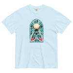 Moth in a stained glass window design on a Chambray garment-dyed cotton t-shirt