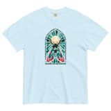 Moth in a stained glass window design on a Chambray garment-dyed cotton t-shirt