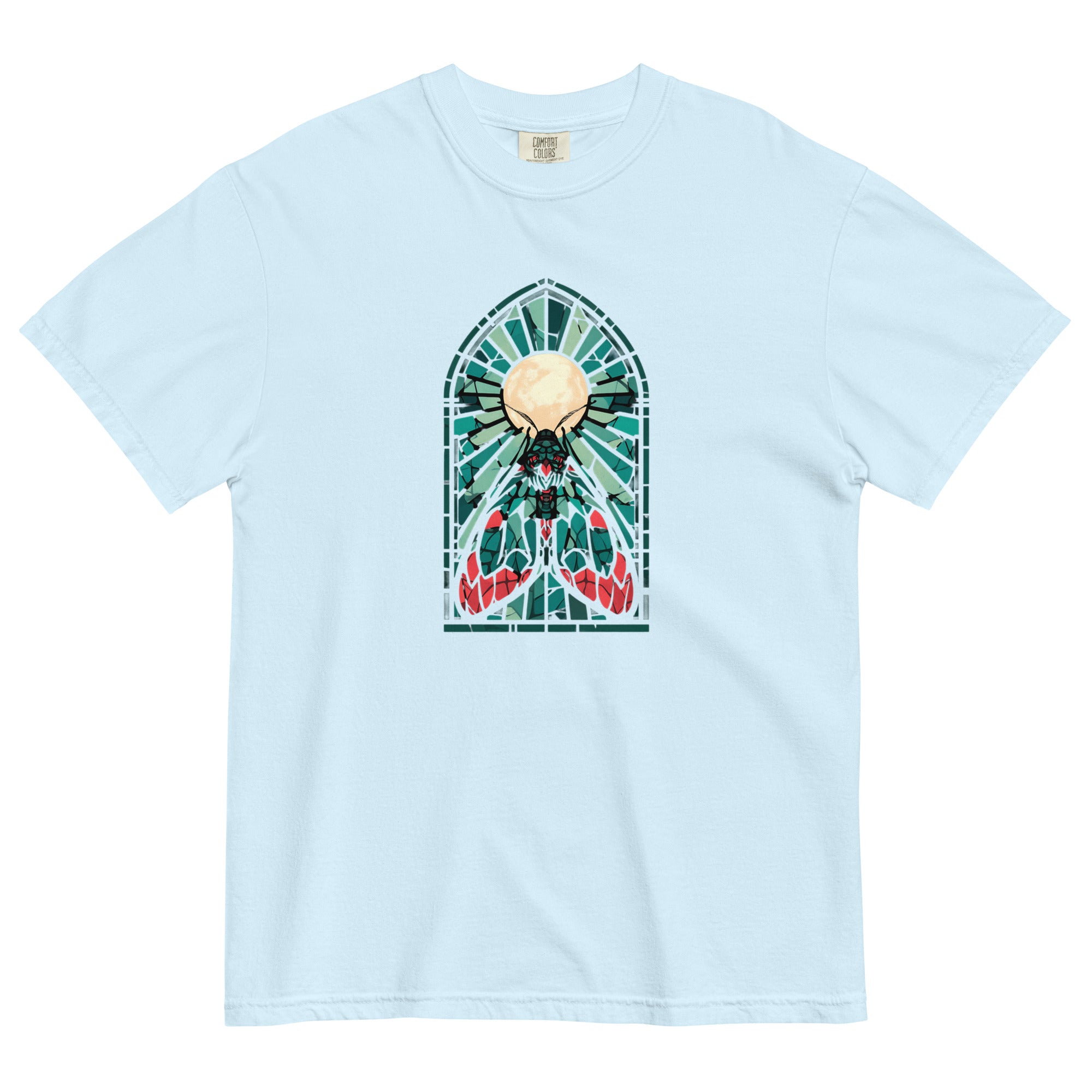 Moth in a stained glass window design on a Chambray garment-dyed cotton t-shirt
