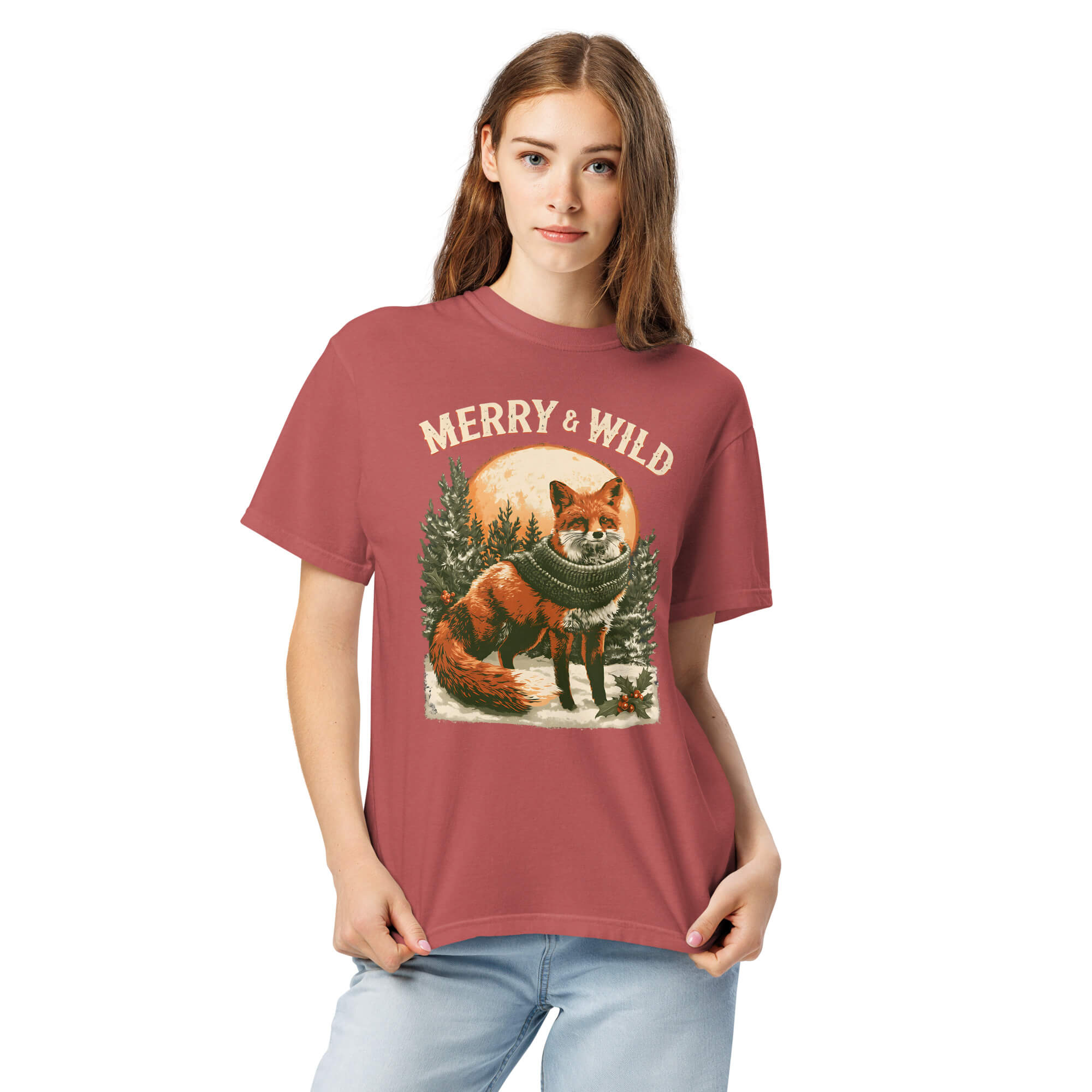 Fox in scarf Christmas design on a Crimson garment-dyed cotton t-shirt