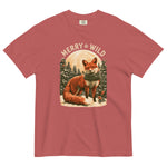 Fox in the snow Christmas design on a Crimson garment-dyed cotton t-shirt