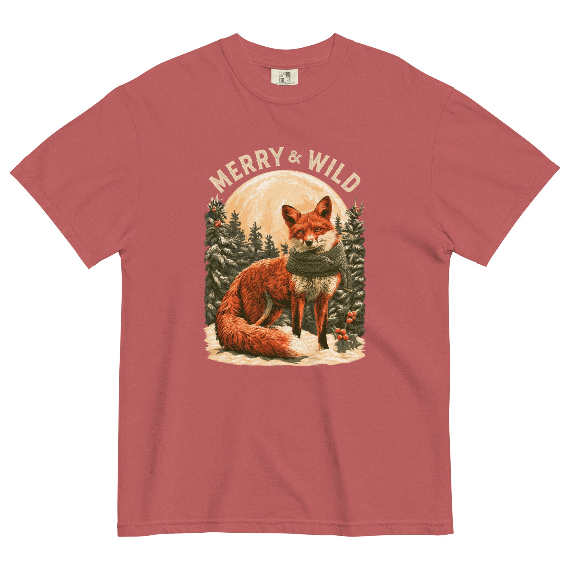 Fox in the snow Christmas design on a Crimson garment-dyed cotton t-shirt