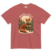 Fox in the snow Christmas design on a Crimson garment-dyed cotton t-shirt