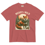 Fox in scarf Christmas design on a Crimson garment-dyed cotton t-shirt
