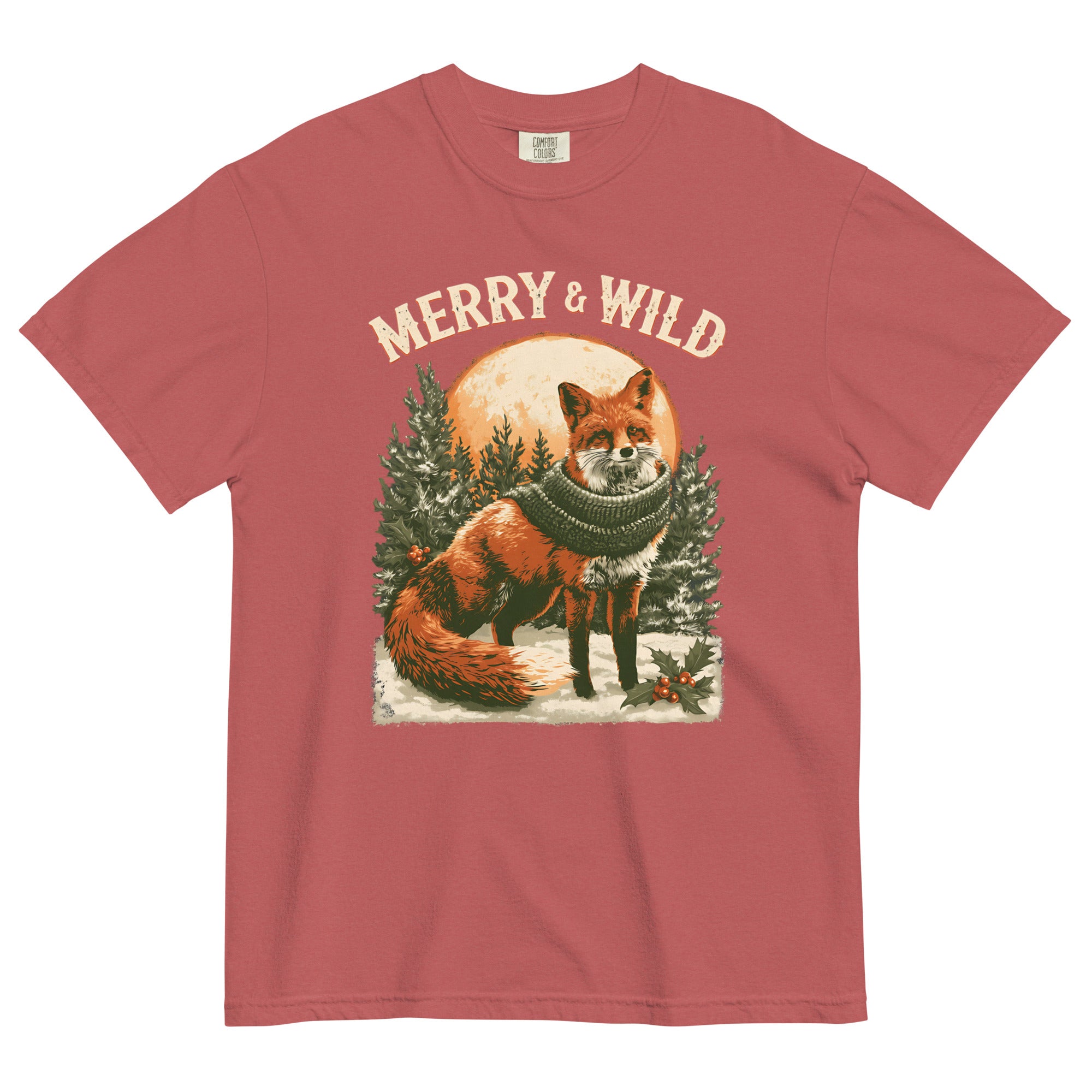 Fox in scarf Christmas design on a Crimson garment-dyed cotton t-shirt