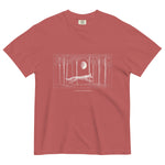 Running fox moonlit forest design on a Crimson garment-dyed cotton t-shirt