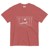Running fox moonlit forest design on a Crimson garment-dyed cotton t-shirt