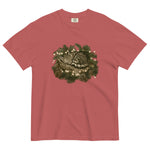 Kitten asleep in a Christmas wreath design on a Crimson garment-dyed cotton t-shirt