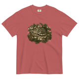 Kitten asleep in a Christmas wreath design on a Crimson garment-dyed cotton t-shirt