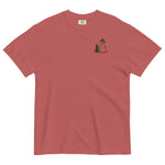 Snowman and pine tree design on a Crimson garment-dyed cotton t-shirt