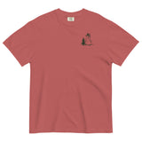 Snowman and pine tree design on a Crimson garment-dyed cotton t-shirt