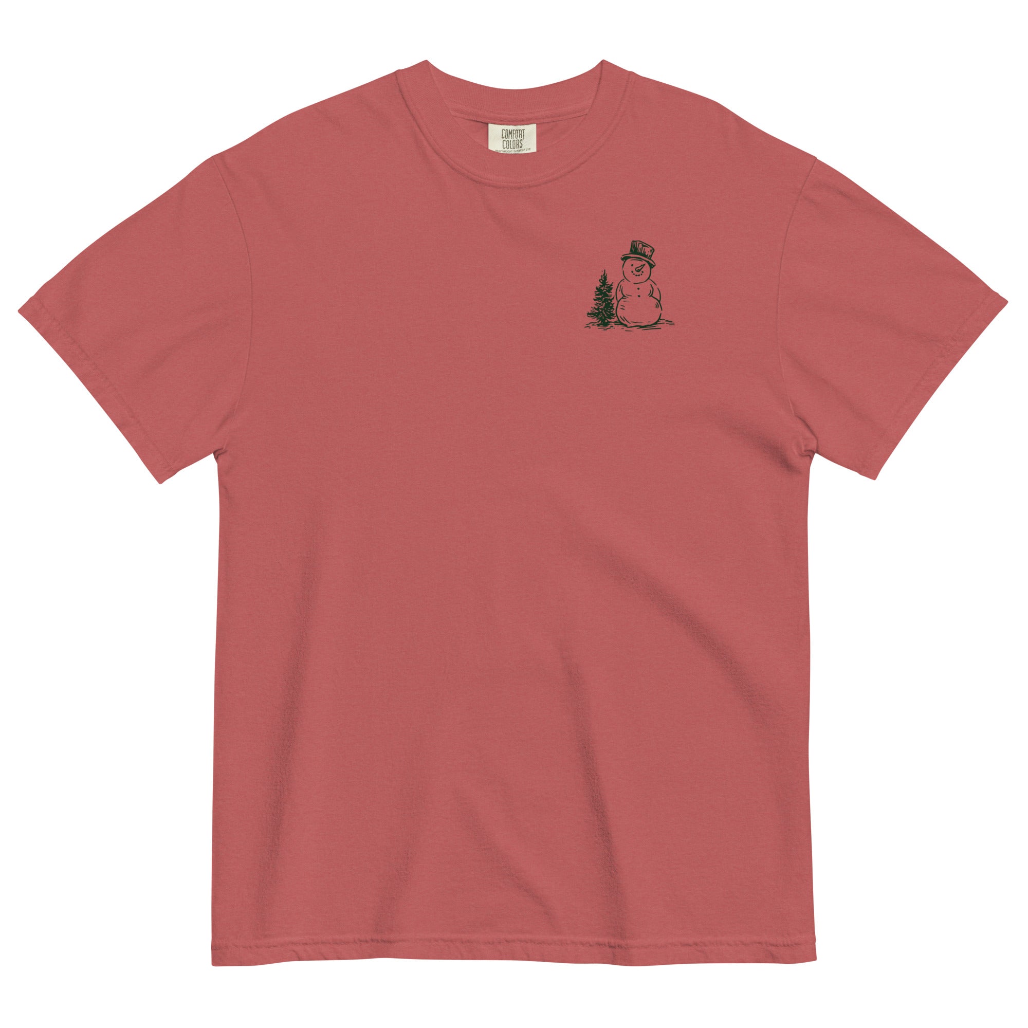 Snowman and pine tree design on a Crimson garment-dyed cotton t-shirt