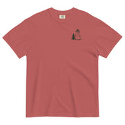 Snowman and pine tree design on a Crimson garment-dyed cotton t-shirt