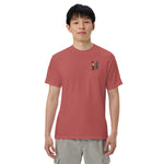 Elf and pine tree design on a Crimson garment-dyed cotton t-shirt