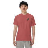 Elf and pine tree design on a Crimson garment-dyed cotton t-shirt