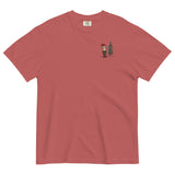 Elf and pine tree design on a Crimson garment-dyed cotton t-shirt