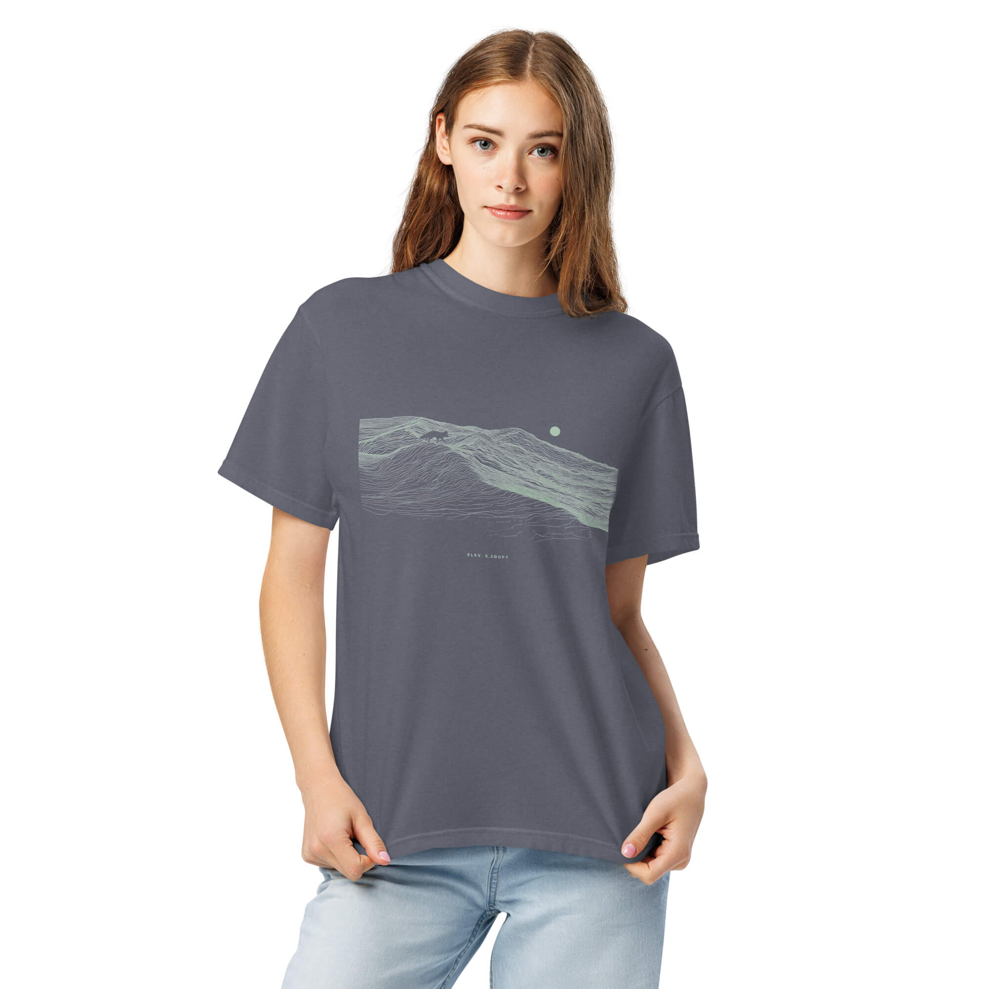 Fox on the ridge topographic design on a Denim garment-dyed cotton t-shirt