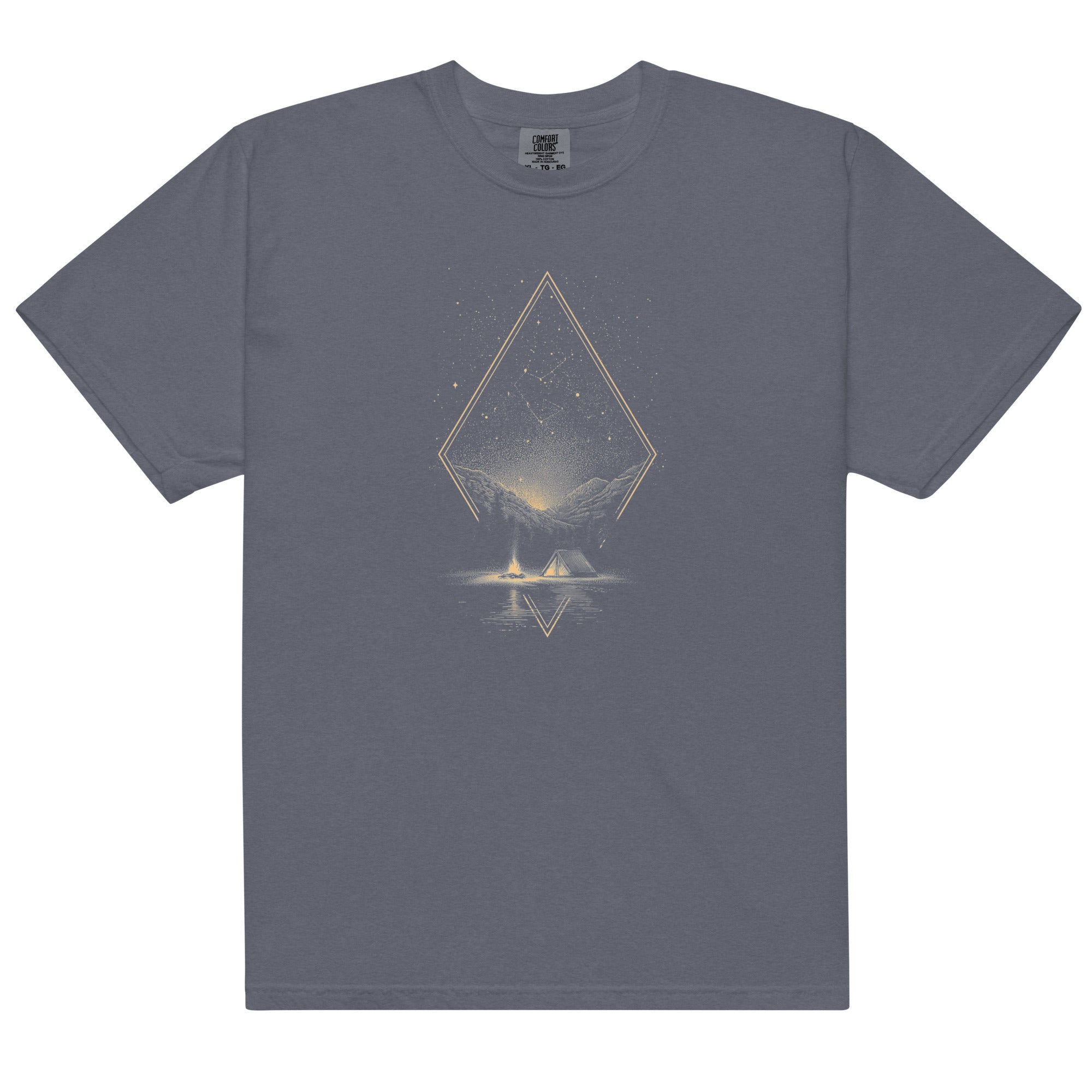 Camping under the stars design on a Denim garment-dyed cotton t-shirt