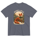 Fox in the snow Christmas design on a Denim garment-dyed cotton t-shirt