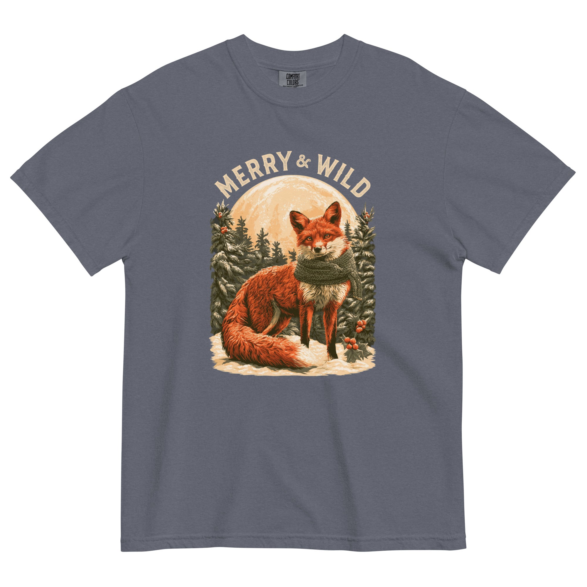 Fox in the snow Christmas design on a Denim garment-dyed cotton t-shirt